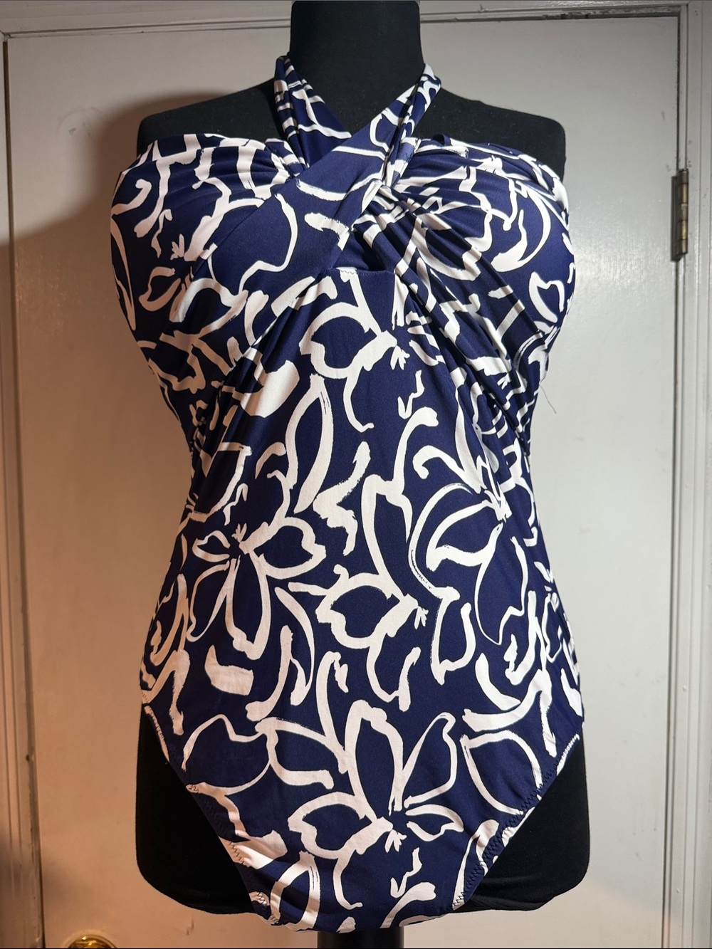 Cross-Neck Navy & White Floral One-Piece Swimsuit